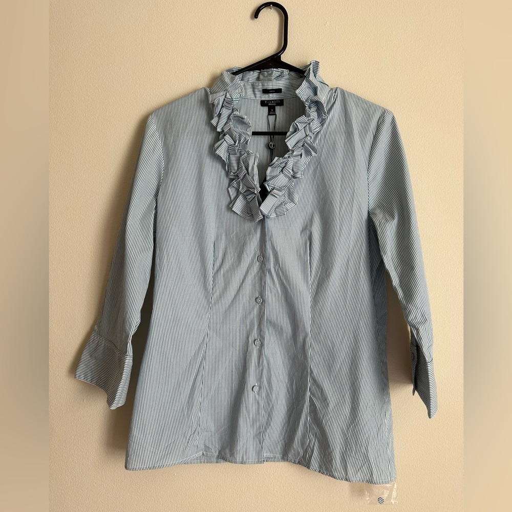 Blue And White Strip Ruffle Blouse With A Button Down Front And Ruffle Collar